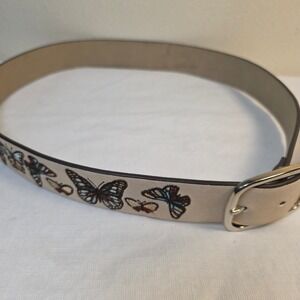 Large Womens Tan Butterfly Embroidered Belt Handmade Cottagecore Boho Fairycore